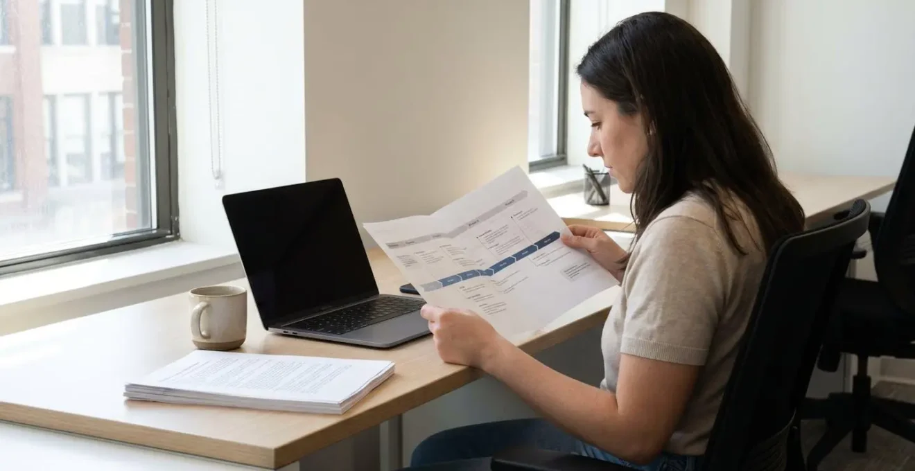 Professional reviewing phased implementation framework document at office desk