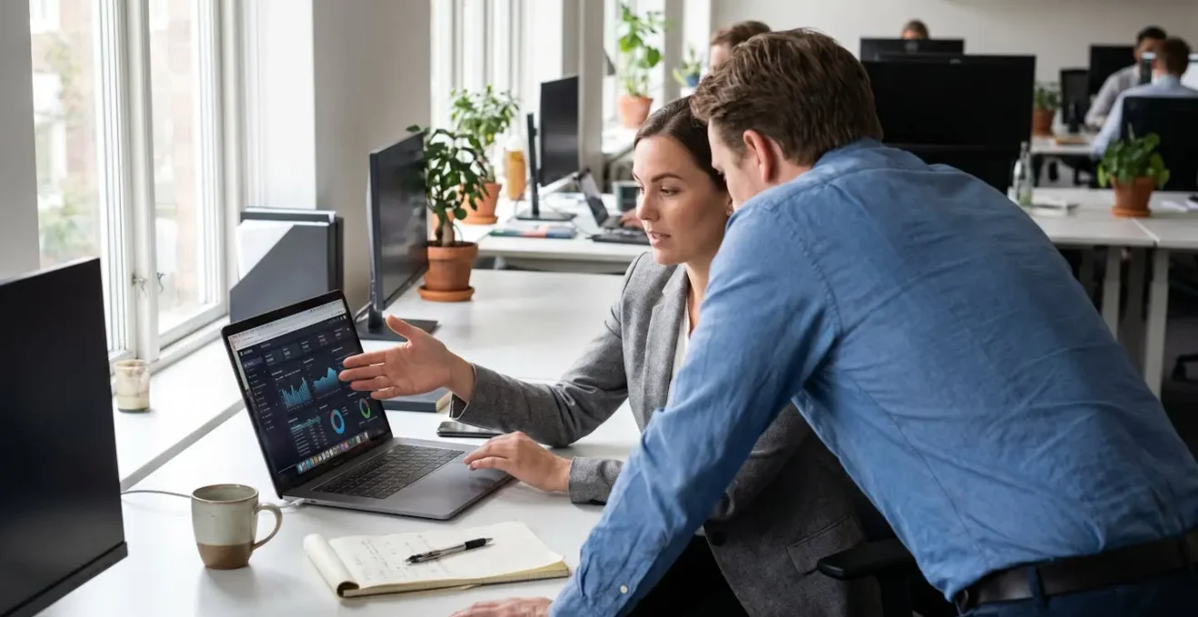 Two professionals reviewing compensation data dashboard on laptop in modern office setting