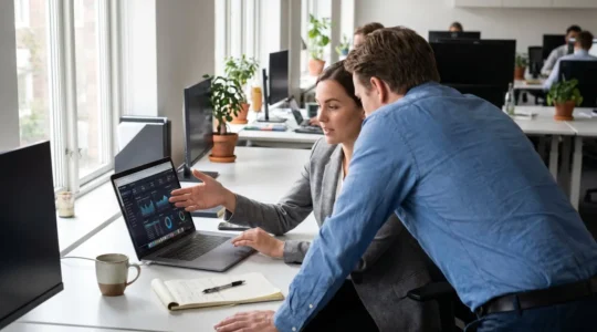 Two professionals reviewing compensation data dashboard on laptop in modern office setting
